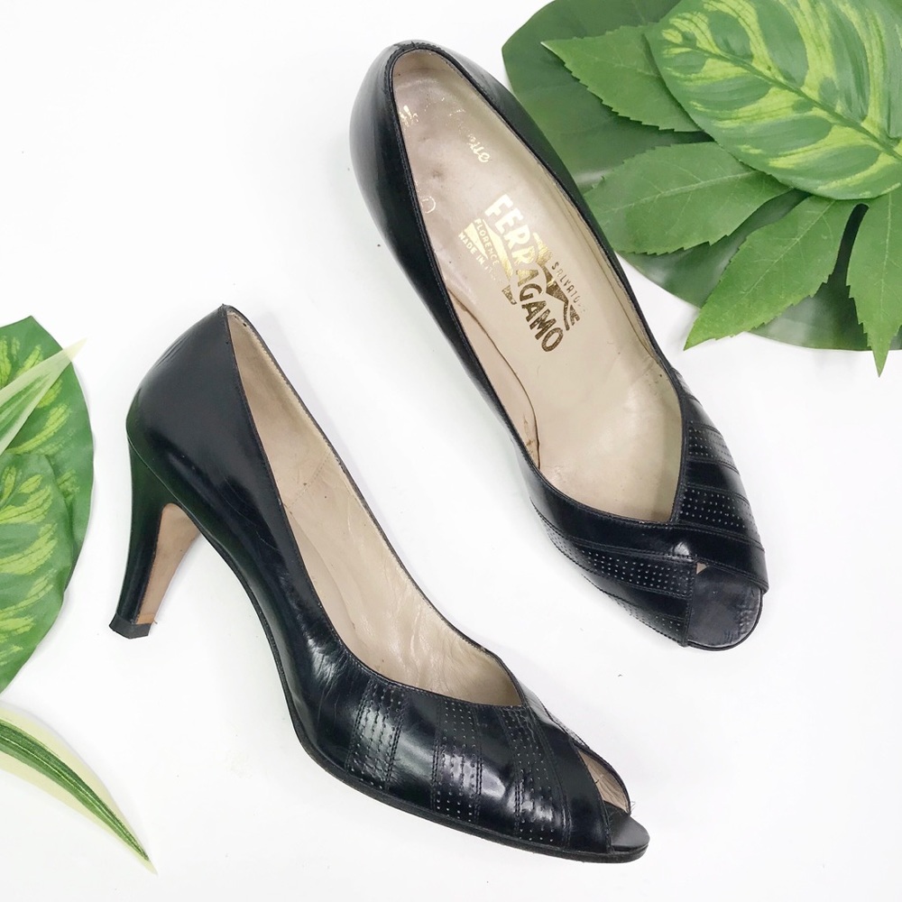 Salvatore Ferragamo black leather peep toe heel